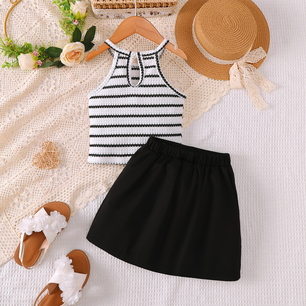 Catpapa girl | 4-7Y Girls' Sleeveless Knit Halter Top & Wrap Button Skirt Outfit, Lightweight & Comfortable, for Casual Outings & Playdates | Two piece set for kids girls