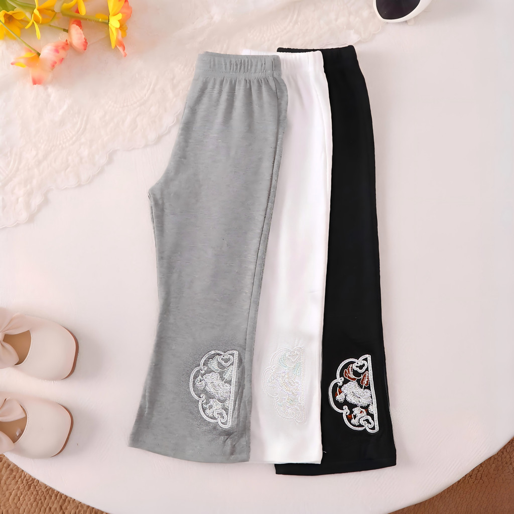 【Buy 3 Pants Get 1 Tee Free 】1-7Y Girls'  Graphic Irregular Hem T-Shirt +Multi-Color Embroidery Flare Leg Trousers Bundle,, Breathable & Stretchable, for Summer Playdates & Daily Activi