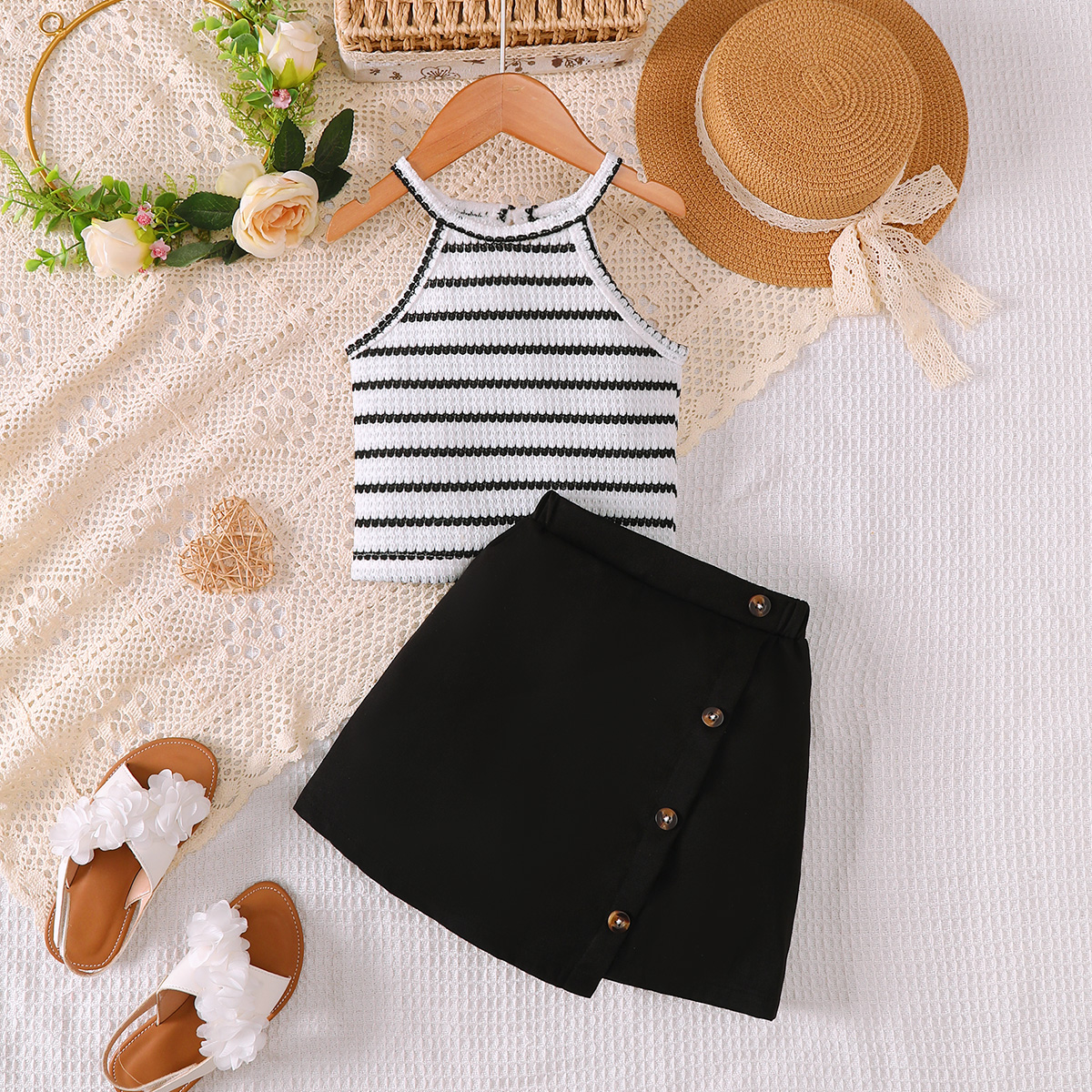 Catpapa girl | 4-7Y Girls' Sleeveless Knit Halter Top & Wrap Button Skirt Outfit, Lightweight & Comfortable, for Casual Outings & Playdates | Two piece set for kids girls