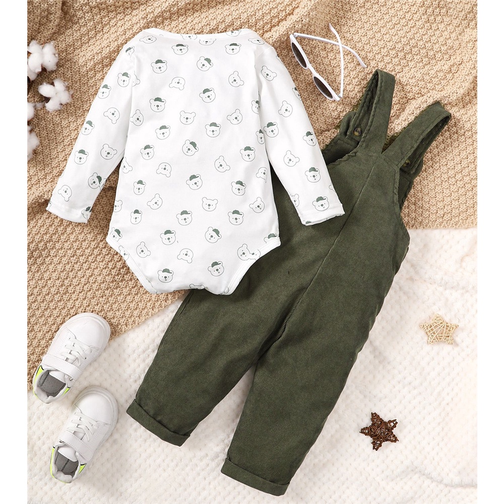 【3-24M】 2PCS Infant Outfit: Bear Print Long-Sleeve Bodysuit + Corduroy Overalls – Cute Spring & Autumn Casual Set