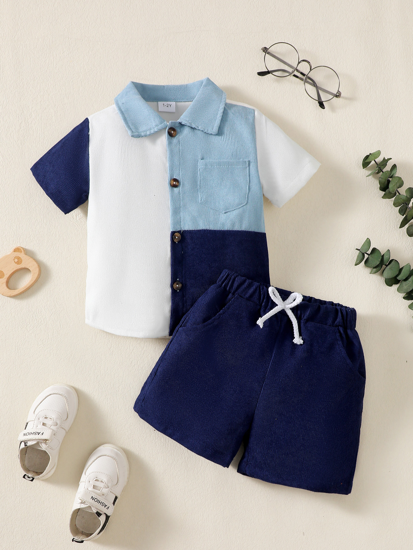 Catpapa boy|【2PCS】 1-6Y Baby Boy Outfit |   Block Corduroy Shirt + Navy Shorts | Boys short and shirt |Boys clothes fashions |Trendy Casual Set