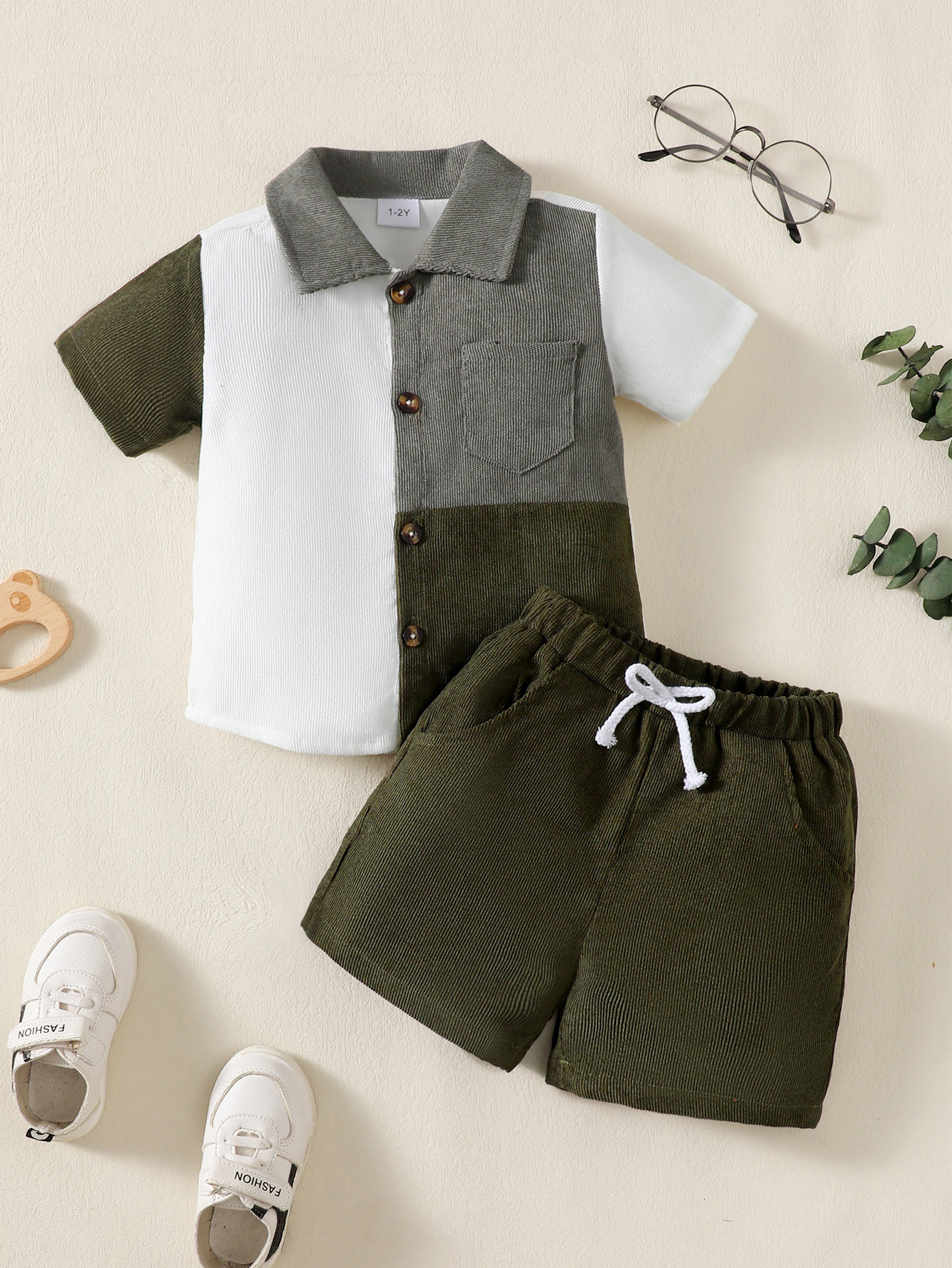 Catpapa boy|【2PCS】 1-6Y Baby Boy Outfit |   Block Corduroy Shirt + Navy Shorts | Boys short and shirt |Boys clothes fashions |Trendy Casual Set
