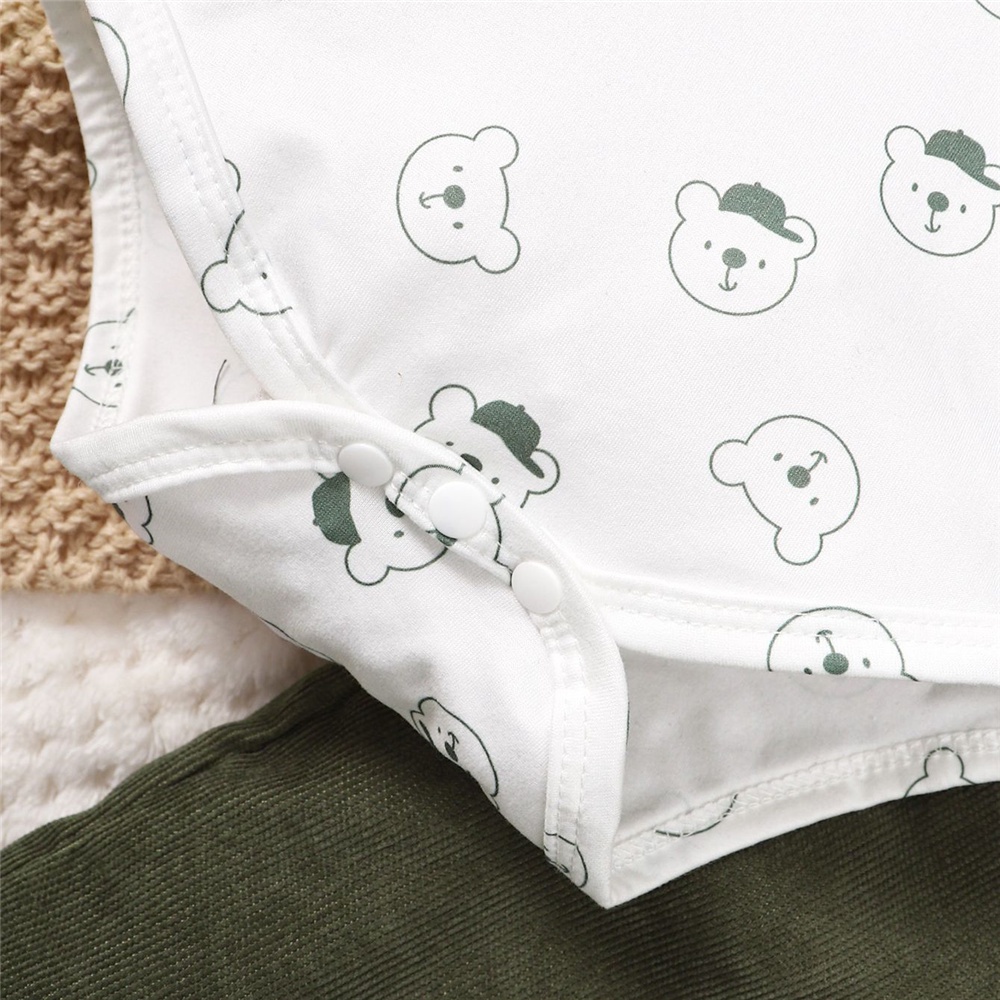 【3-24M】 2PCS Infant Outfit: Bear Print Long-Sleeve Bodysuit + Corduroy Overalls – Cute Spring & Autumn Casual Set