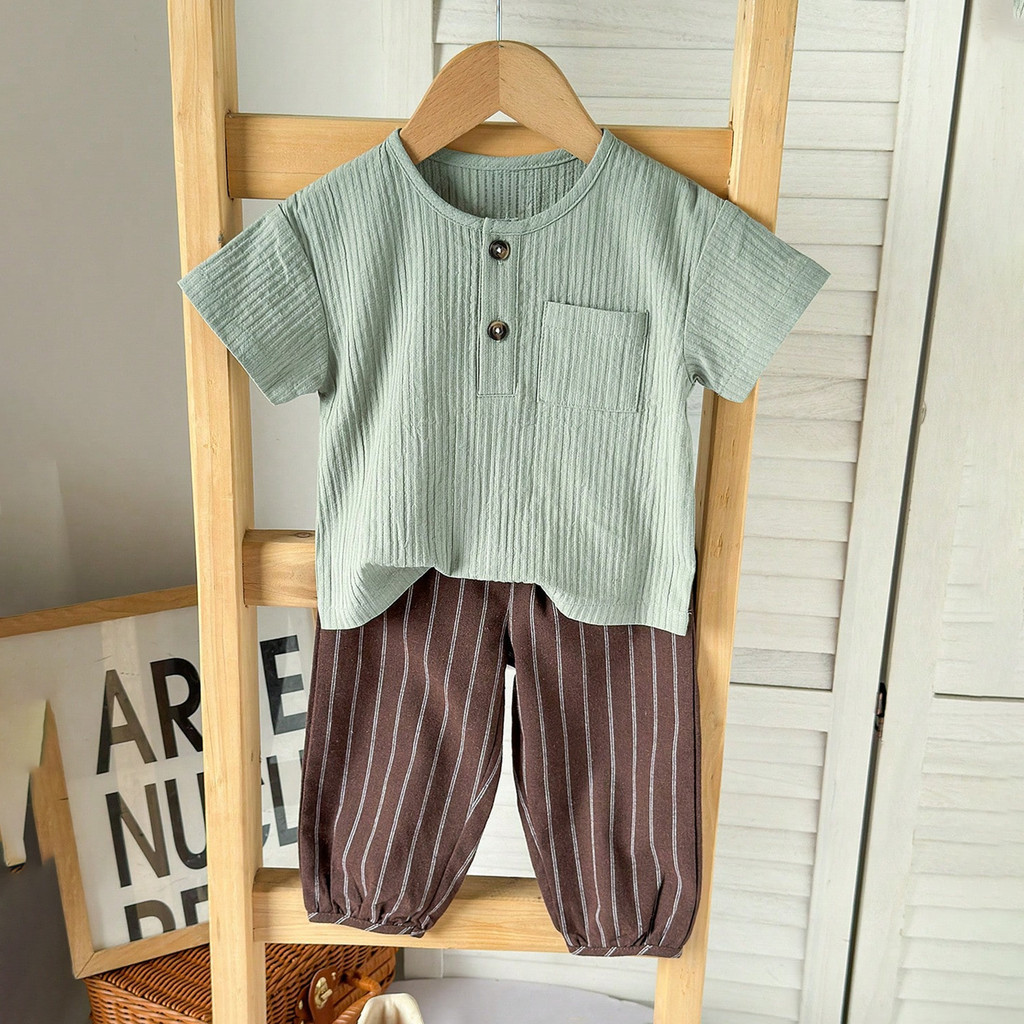 0-3Y Boys' Ribbed Henley Short-Sleeve T-Shirt & Striped Jogger Pants Set | Soft Casual 2-Piece Outfit, for Daily Wear & Outdoor Play