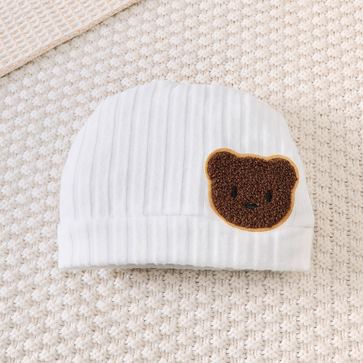 Catpapa boy |【3PCS】 0-18M Unisex Baby Outfit |  Ribbed Romper + Pants + Bear Patch Hat | Babies dress | Cute baby dresses | Soft Newborn Set