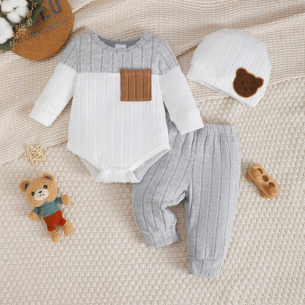 Catpapa boy |【3PCS】 0-18M Unisex Baby Outfit |  Ribbed Romper + Pants + Bear Patch Hat | Babies dress | Cute baby dresses | Soft Newborn Set