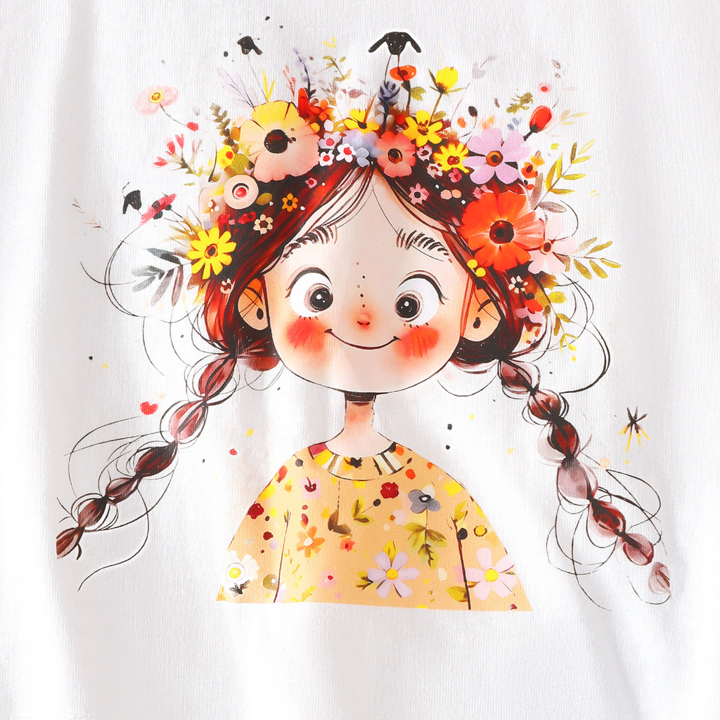 Catpapa girl | 2-8Y Girls' White Short Sleeve T-Shirt with Floral Girl Print, Soft & Breathable, for Daily & School Wear | Girl T-Shirt