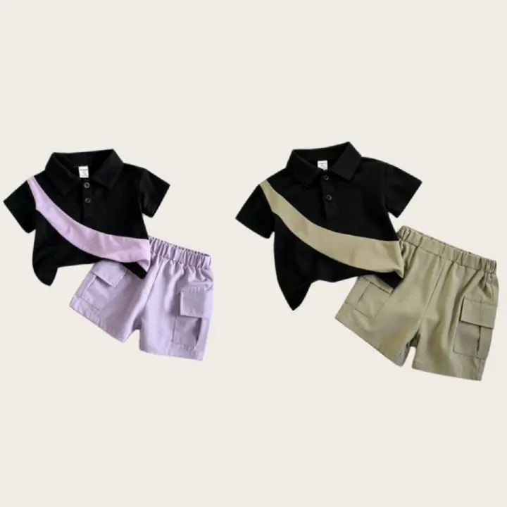 Catpapa boy / 0-2Y color-blocked boys' clothing, shirt + cargo shorts, outdoor sportswear, suitable for parties and social gatherings, perfect for outdoor sports, cool, durable, and easy to clean