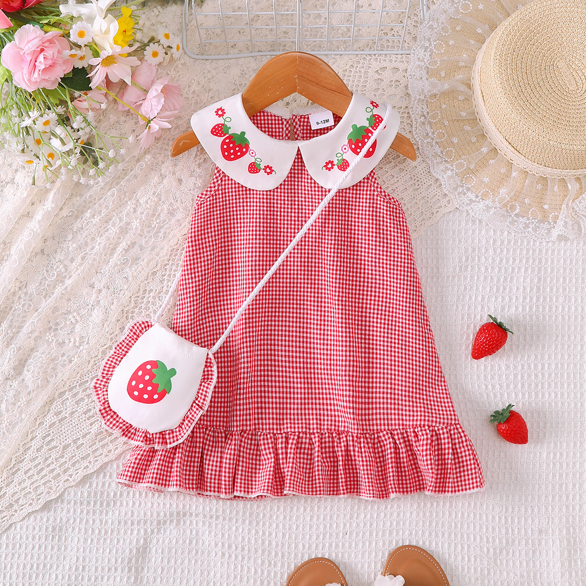 Catpapa girl | 0-3Y Baby Girls' Strawberry Print Gingham A-Line Dress with Matching Bag, Lightweight & Comfortable, for Beach & Casual Outings | baby girls clothes sets outfits | BabyDress