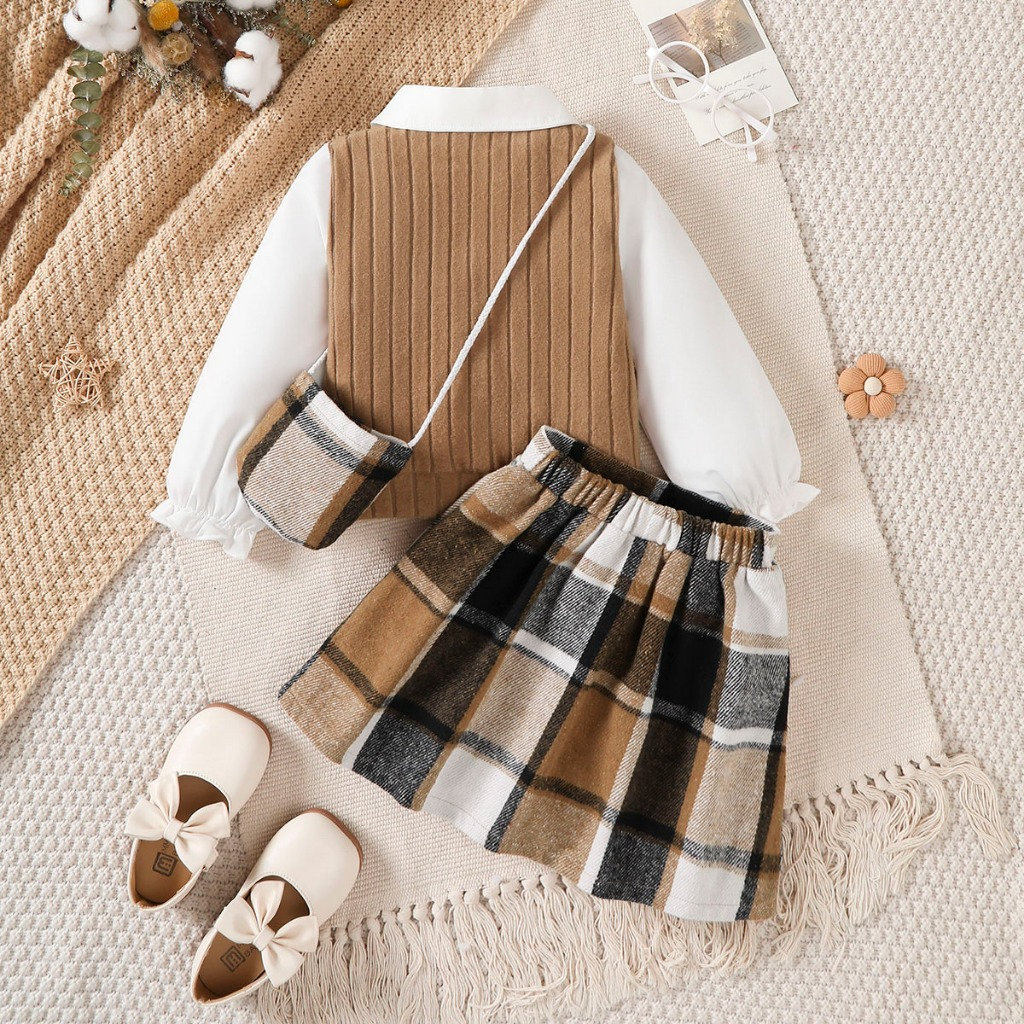 Catpapa girl |【3PCS】 4-7Y Toddler Girl Preppy Outfit | 2-in-1  Knit Vest White Shirt + Plaid Pleated Skirt + Matching Crossbody Bag | Kids fancy dresses | Catapa dresses| Kids fancy| Cool School Style