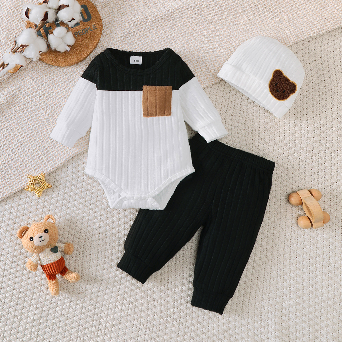 Catpapa boy |【3PCS】 0-18M Unisex Baby Outfit |  Ribbed Romper + Pants + Bear Patch Hat | Babies dress | Cute baby dresses | Soft Newborn Set