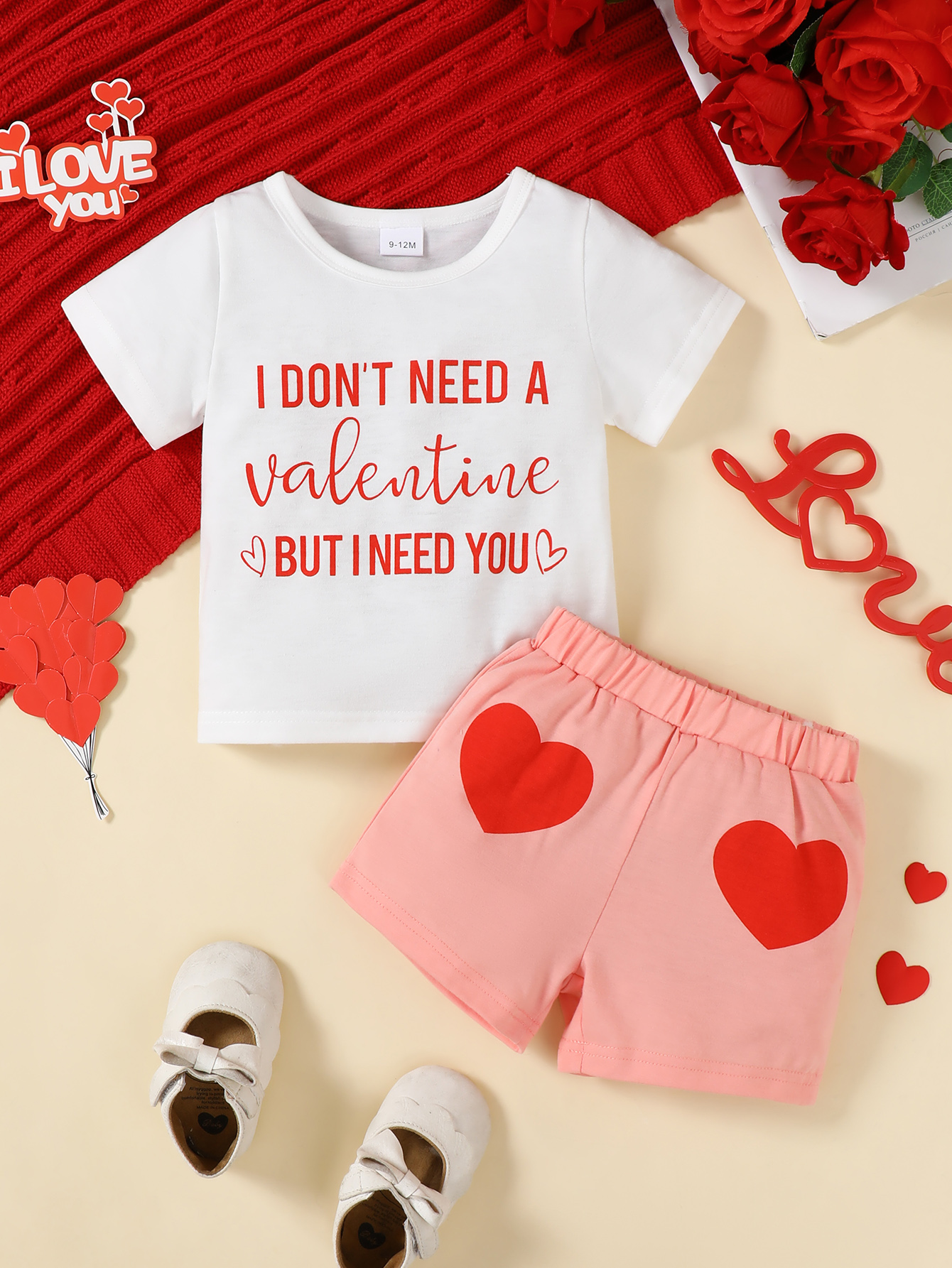 Catpapa girl | Heart Letter Print Short Sleeve T-shirt & Shorts 2Pcs Set, 0-3Y Baby Girls, Soft Breathable Fabric, For Daily Wear & Baby Photoshoot