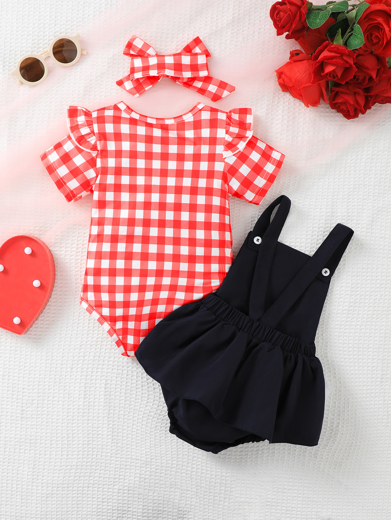 Catpapa girl Red Gingham Flutter Sleeve Top Heart Applique Suspender Romper with Bow Headband 3Pcs Set, 0-2Y Baby Girls, Soft Breathable Fabric, For Summer Daily Outings & Baby Photoshoots