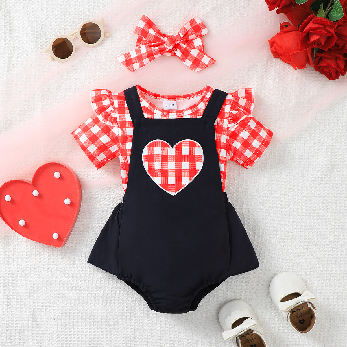 Catpapa girl Red Gingham Flutter Sleeve Top Heart Applique Suspender Romper with Bow Headband 3Pcs Set, 0-2Y Baby Girls, Soft Breathable Fabric, For Summer Daily Outings & Baby Photoshoots