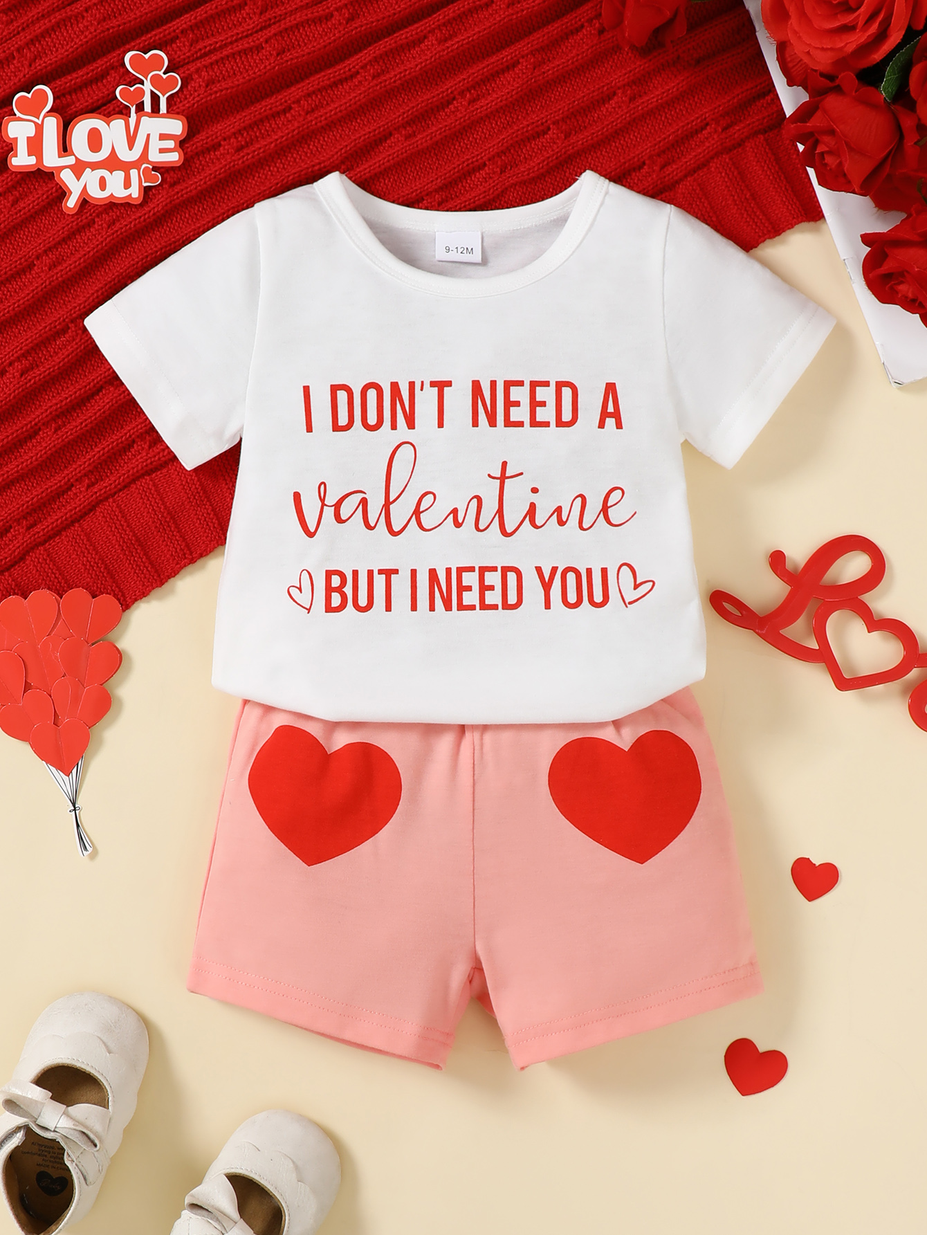 Catpapa girl | Heart Letter Print Short Sleeve T-shirt & Shorts 2Pcs Set, 0-3Y Baby Girls, Soft Breathable Fabric, For Daily Wear & Baby Photoshoot