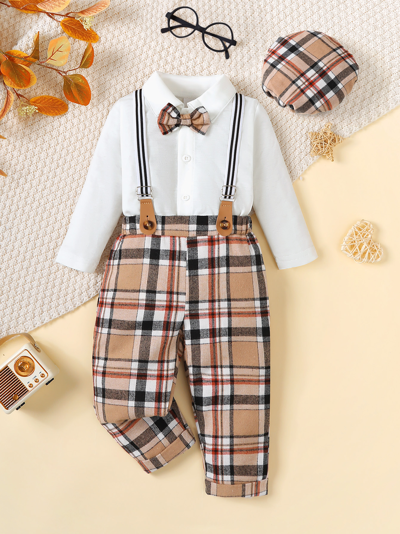 Catpapa boy Bow Tie Long Sleeve Bodysuit Plaid Suspender Pants & Beret 3Pcs Set, 0-2Y Baby Boys, Soft Breathable Fabric, For Birthday Party & Baby Photoshoot boys clothing set children clothing