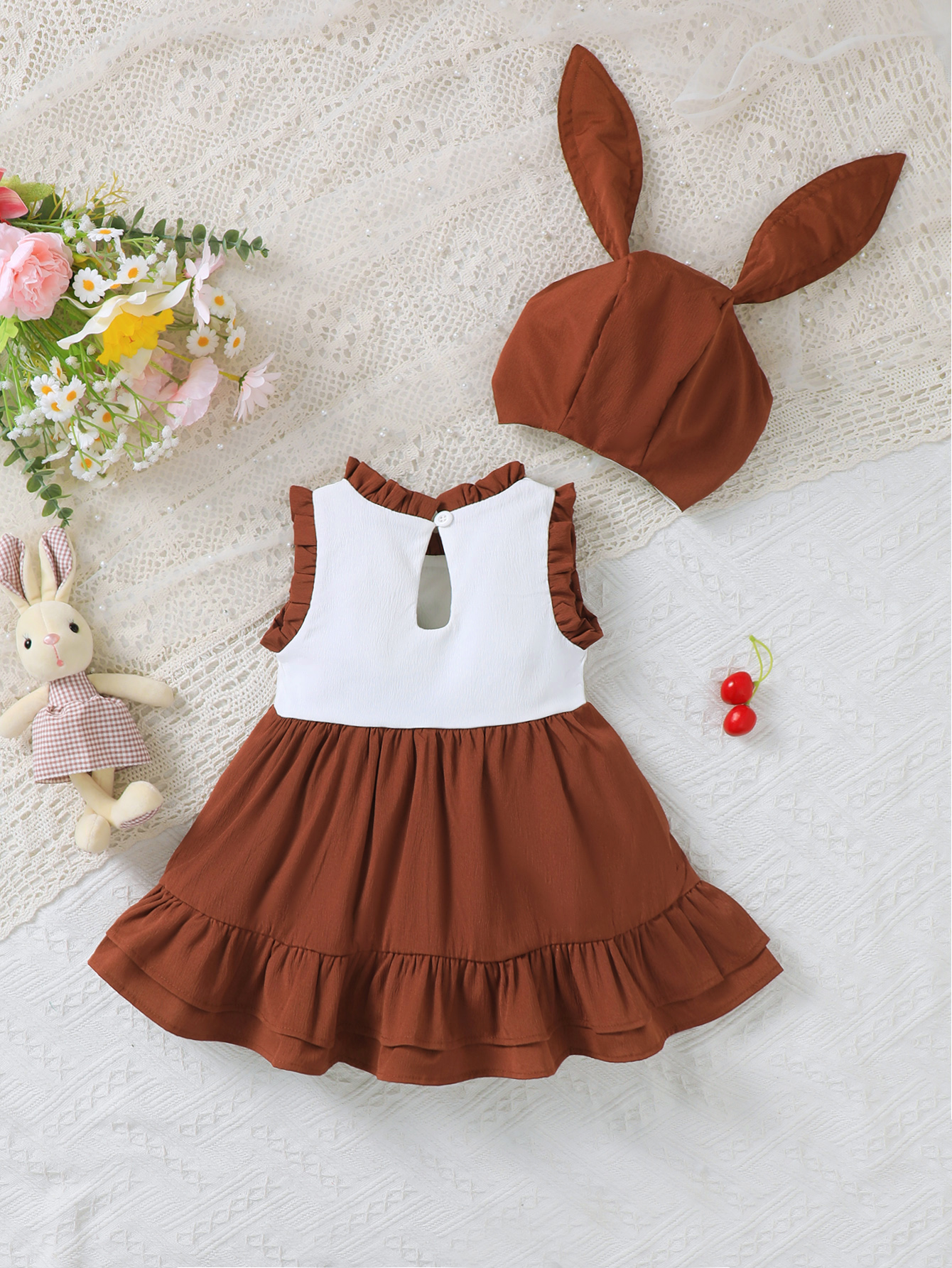 Catpapa girl Cute Color Block Tiered Ruffle Baby Dress with Bunny Ear Hat, 0-3Y Infant Girls, Skin-Friendly Material, For Easter & Outdoor Outings  girls dress  girls clothing set