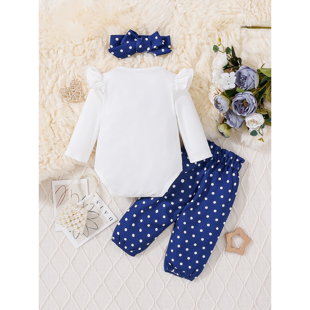 Catpapa girl Letter Print Ruffle Long Sleeve Romper Polka Dot Jogger Pants & Bow Headband 3Pcs Set, 0-2Y Baby Girls, Soft Skin-Friendly Fabric, For Daily Wear & Baby Photoshoots