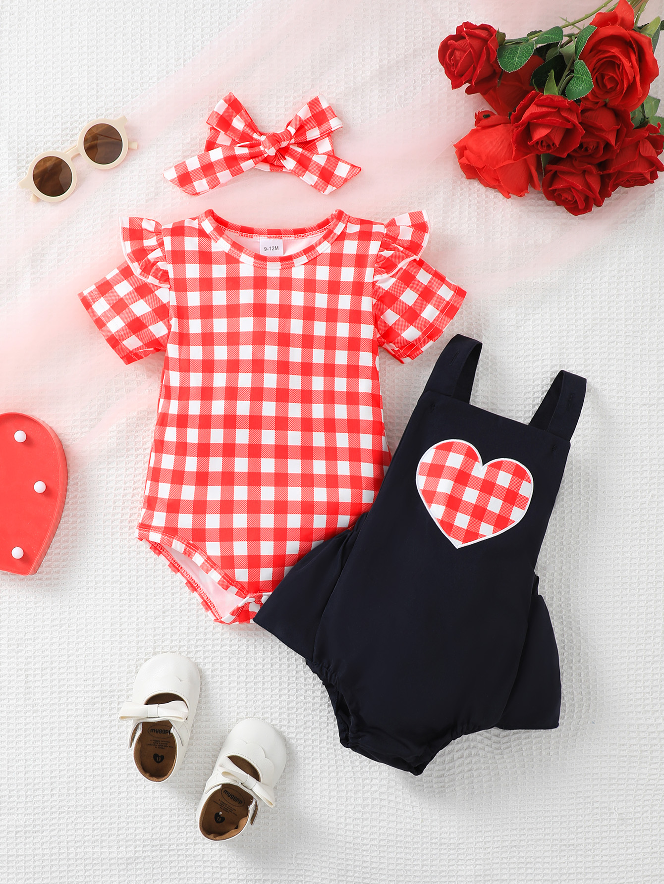 Catpapa girl Red Gingham Flutter Sleeve Top Heart Applique Suspender Romper with Bow Headband 3Pcs Set, 0-2Y Baby Girls, Soft Breathable Fabric, For Summer Daily Outings & Baby Photoshoots