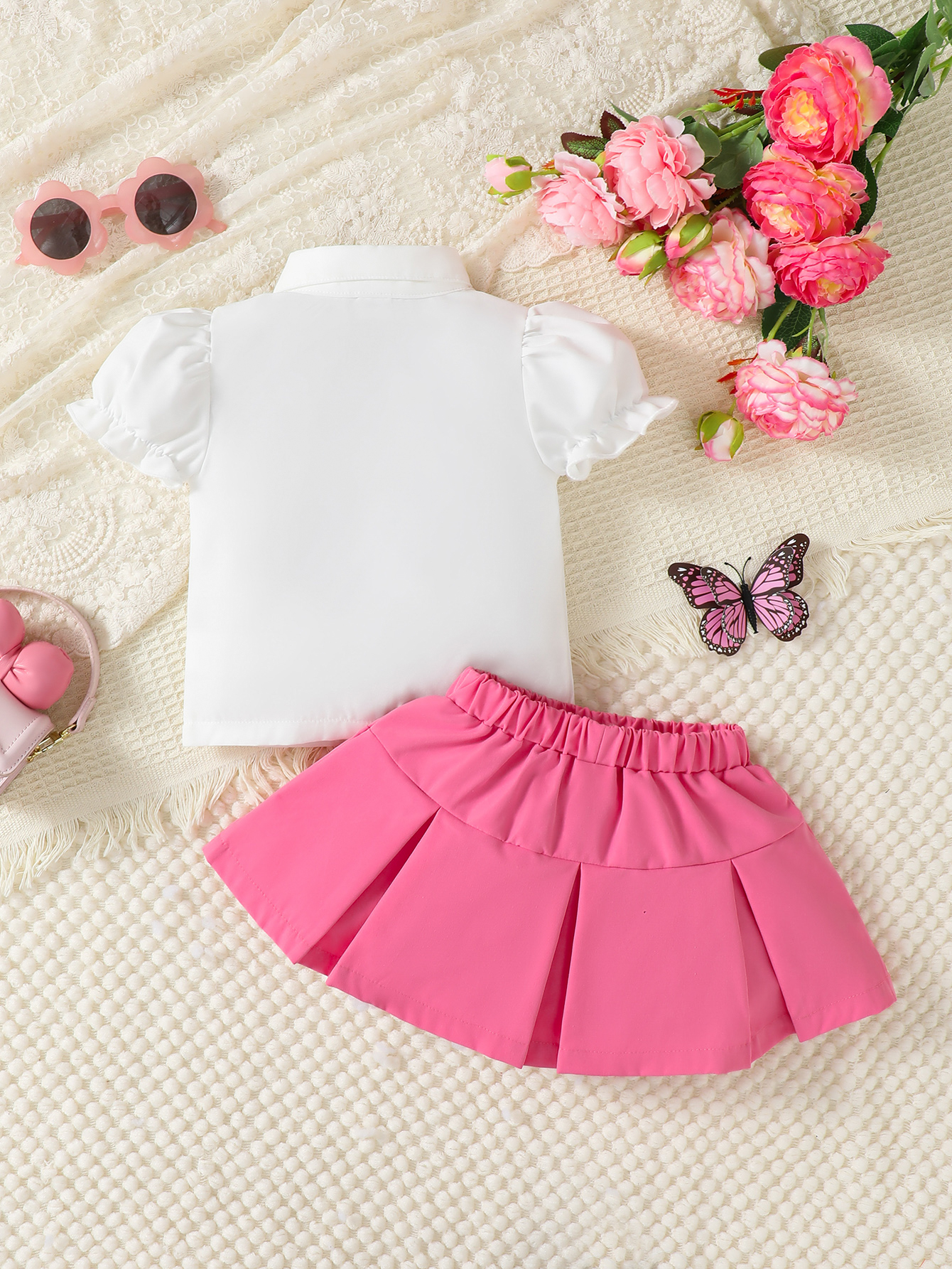 Catpapa girl Ruffle Puff Sleeve Lapel Shirt & Bow Pleated Skirt 2Pcs Set, 0-3Y Baby Girls, Soft Light Fabric, For Daily Outings & Birthday Parties girl clothes girls clothing set