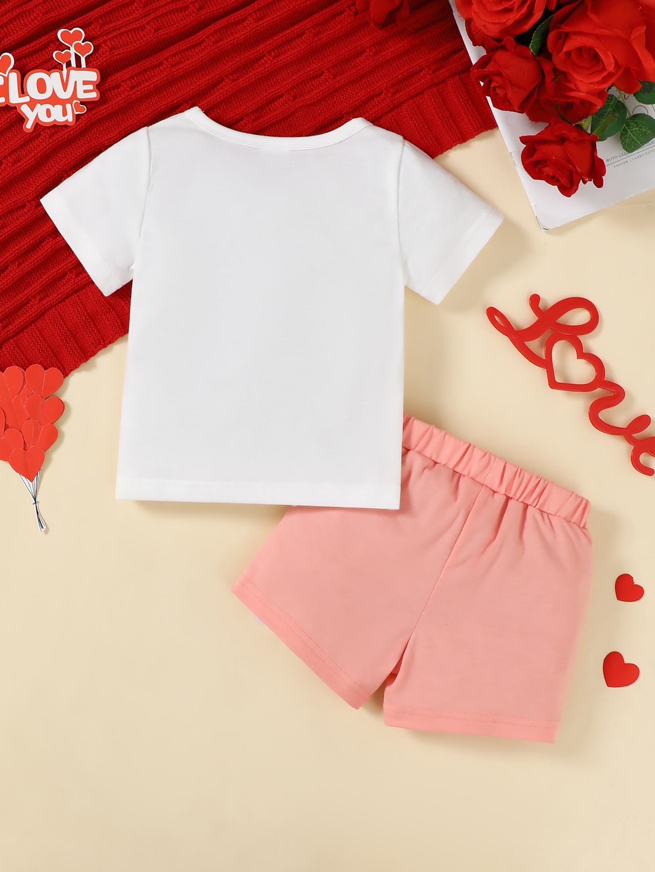 Catpapa girl | Heart Letter Print Short Sleeve T-shirt & Shorts 2Pcs Set, 0-3Y Baby Girls, Soft Breathable Fabric, For Daily Wear & Baby Photoshoot