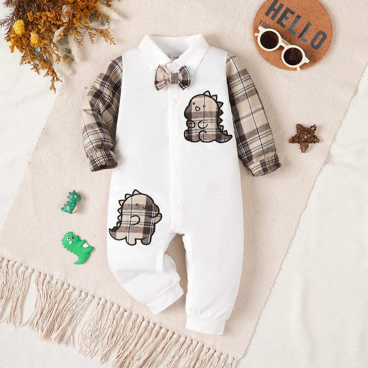 Catpapa boy Plaid Spliced Dinosaur Applique Bow Tie Long Sleeve Baby Jumpsuit, 0-2Y Baby Boys, Soft Skin-Friendly Fabric, For Baby Photoshoots & Family Gatherings boys clothing set baby romper