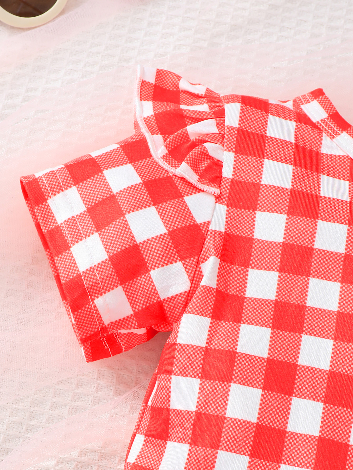 Catpapa girl Red Gingham Flutter Sleeve Top Heart Applique Suspender Romper with Bow Headband 3Pcs Set, 0-2Y Baby Girls, Soft Breathable Fabric, For Summer Daily Outings & Baby Photoshoots
