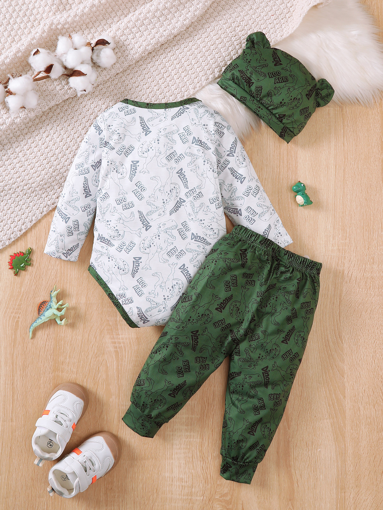 Catpapa boy Dinosaur Print Long Sleeve Romper Jogger Pants & Knot Hat 3Pcs Set, 0-2Y Baby Boys, Soft Breathable Fabric, For Daily Wear & Baby Photoshoots boys clothing set baby romper