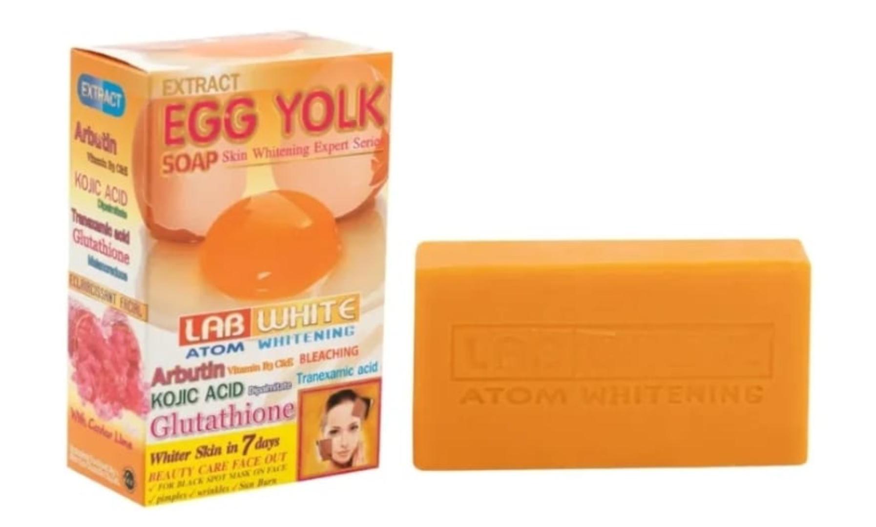 Lab white egg yolk soap.
The soap contains kojic acid,glutathione,arbutin targeting dark spots,acne within 7 days while reducing blemishes and sunburn.