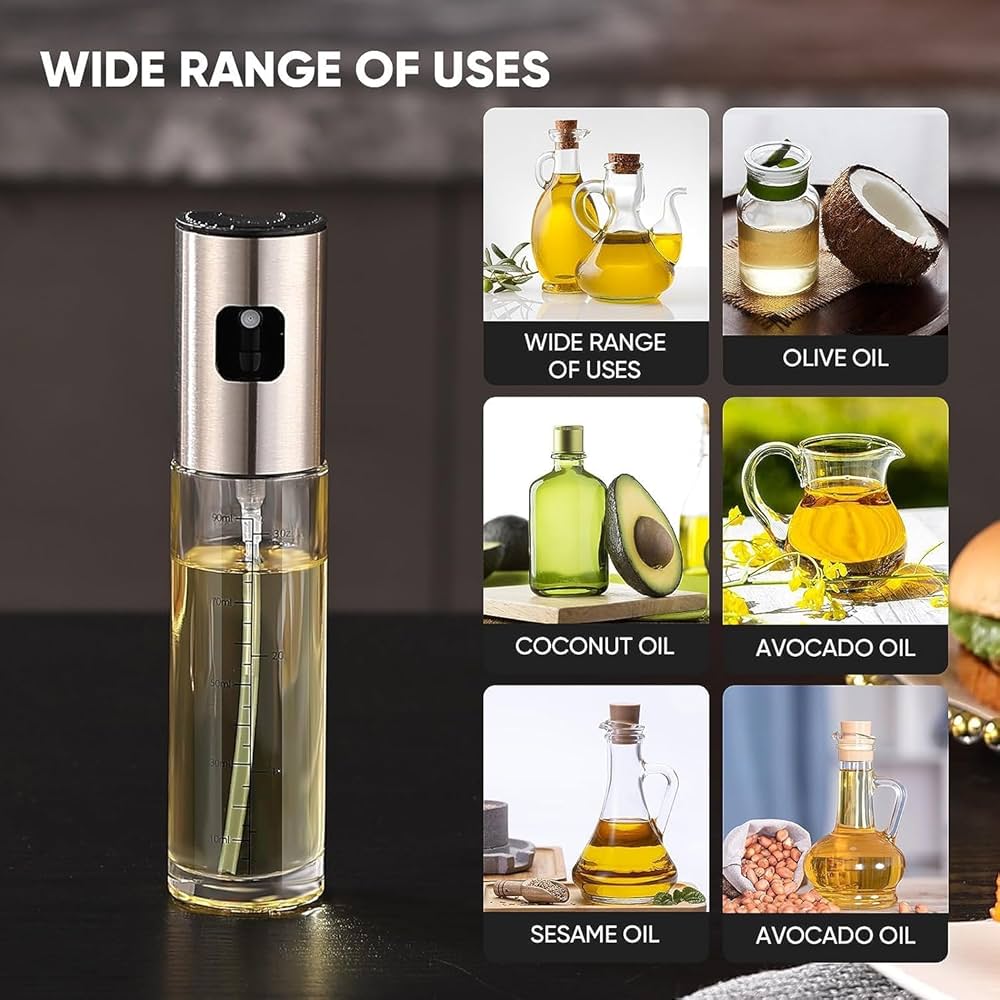 Kitchen press - action oil spray bottles. oil dispenser, they help control oil usage. Ideal for cooking and grilling, these bottles spray oil evenly.They can also hold condiments like oil and vinegar。