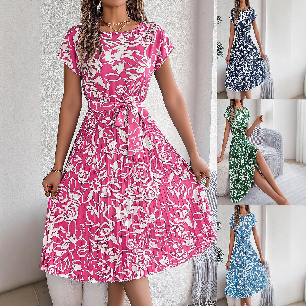 Independent cross-border women's clothing 2025 spring/summer new foreign trade casual short sleeved floral lace up dress pleated skirt red S