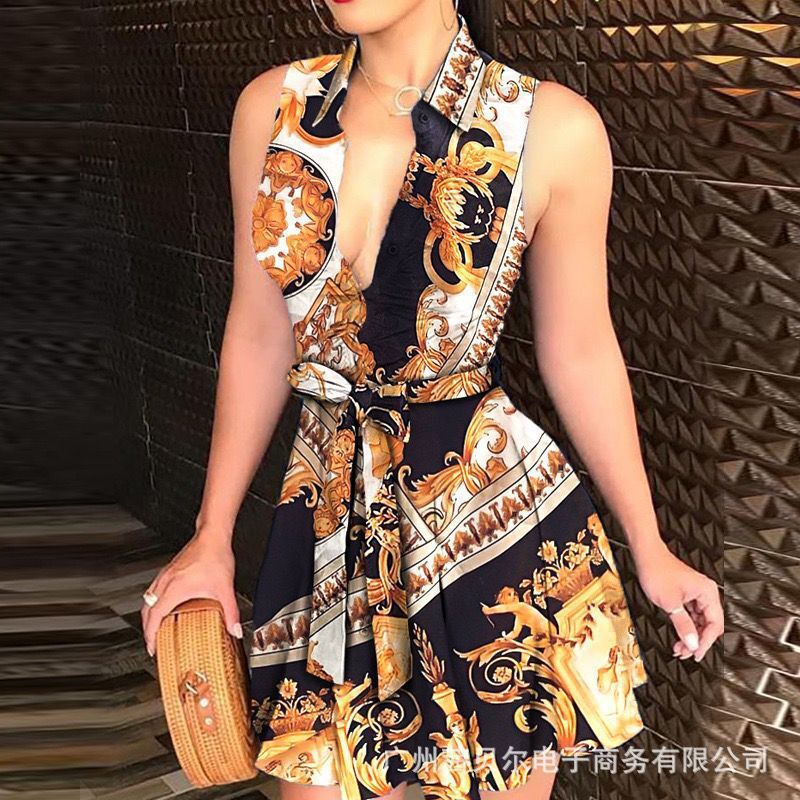 "V neck tie strap dress women", "sexy printed summer dress", "cross-border fashion wholesale", "Amazon hot selling women's clothing 2025" Color 1 S