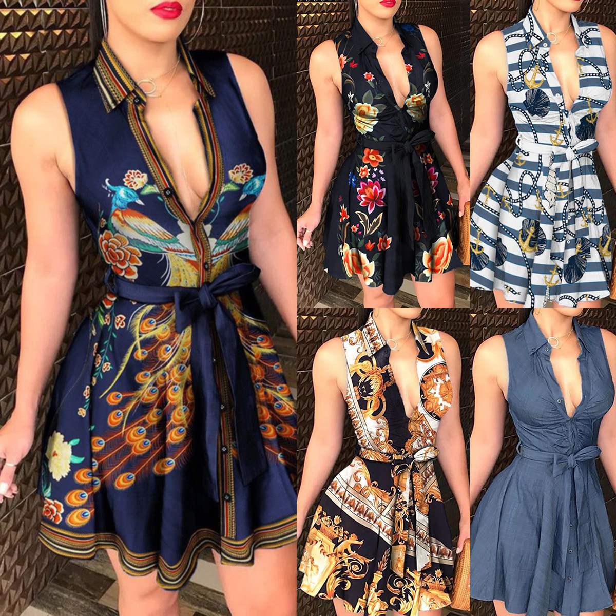 "V neck tie strap dress women", "sexy printed summer dress", "cross-border fashion wholesale", "Amazon hot selling women's clothing 2025" Color 1 S