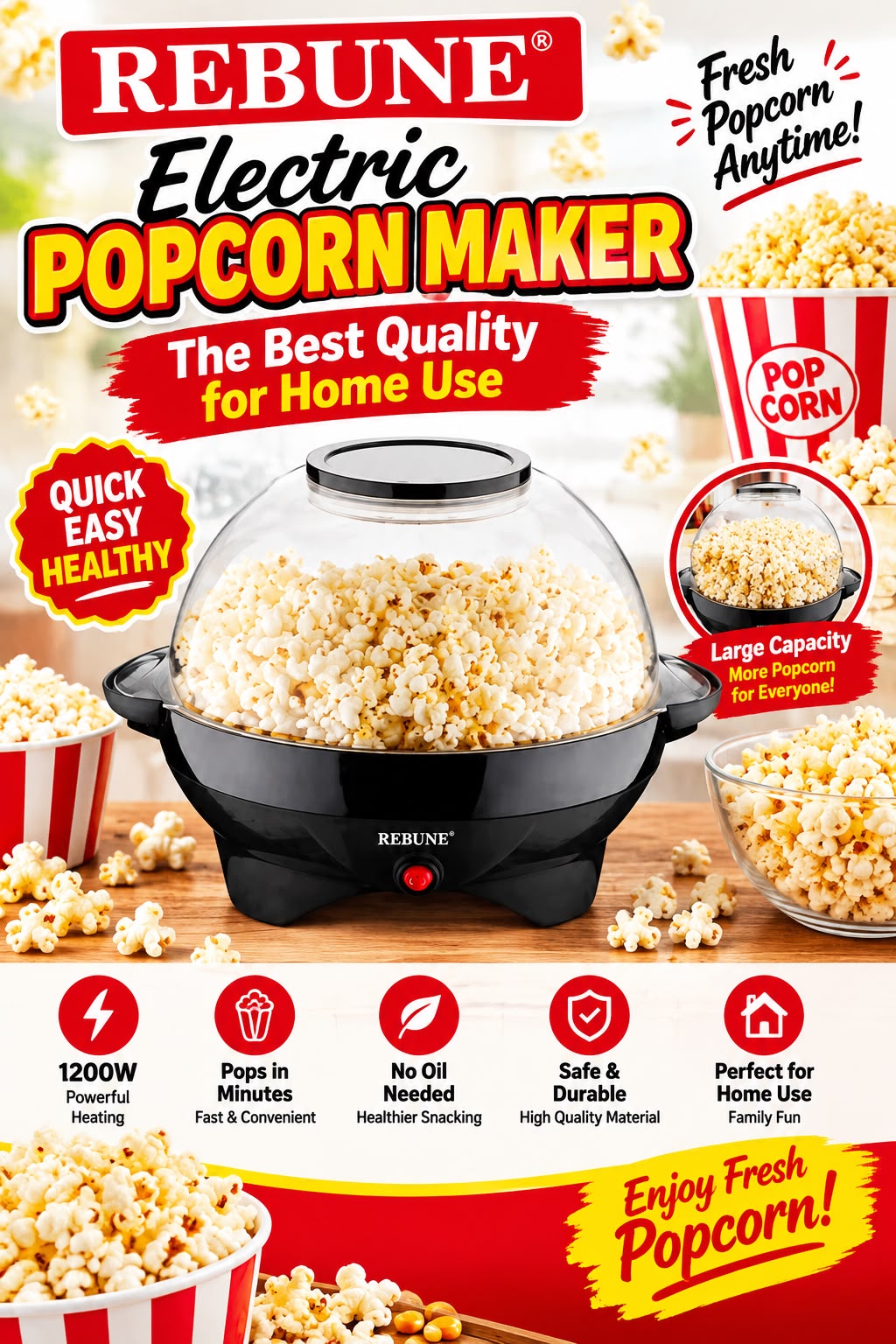 Rebune Electric Popcorn Maker 1200W | Large Capacity Hot Air Popcorn Machine | Oil-Free Healthy Popcorn Maker for Home & Family Use