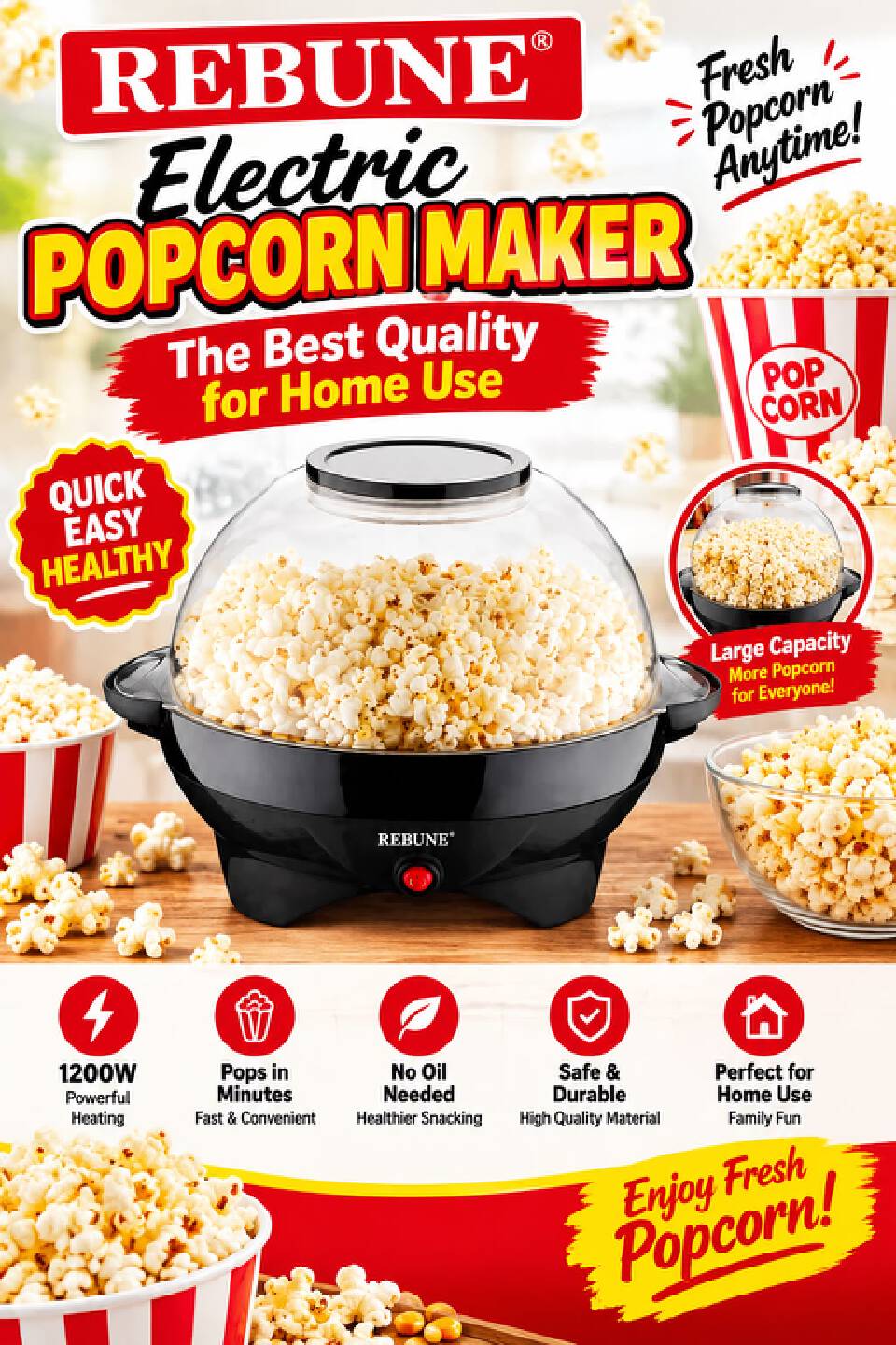 Rebune Electric Popcorn Maker 1200W | Large Capacity Hot Air Popcorn Machine | Oil-Free Healthy Popcorn Maker for Home & Family Use