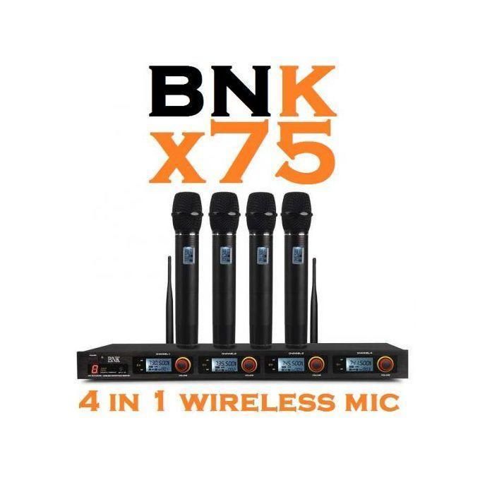 Bnk -X75 Professional  4 in 1 Wireless Microphone Set with its four hand held microphones in one receiver-  It covers a long range of over 100 meters, 200m in open space,4 separate XLR channels