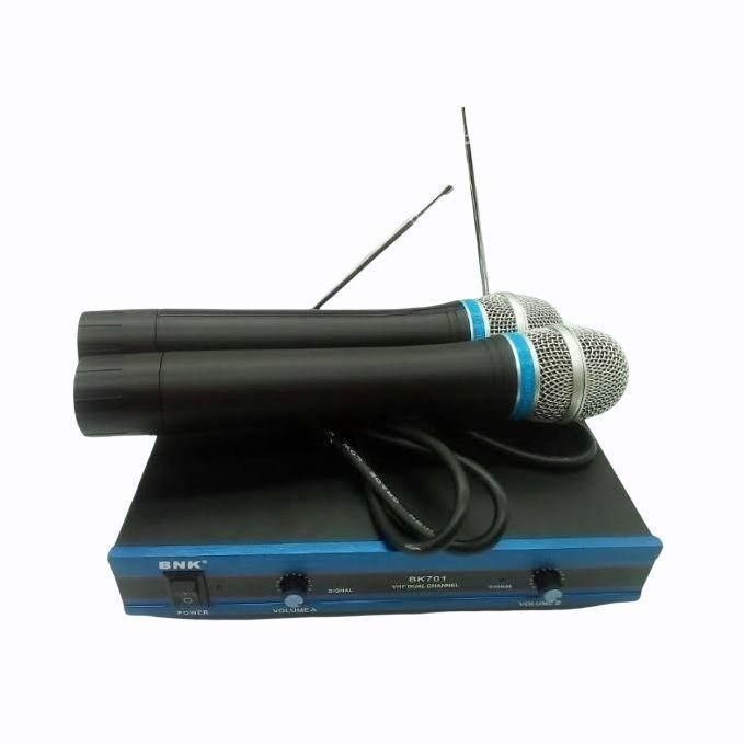 Bnk -BK-701 Professional 2 in 1 Wireless Microphone Set with its Two hand held microphones in one receiver-  It covers a long range of over 80 meters, 100m in open space,2 separate XLR channels