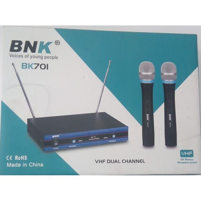 Bnk -BK-701 Professional 2 in 1 Wireless Microphone Set with its Two hand held microphones in one receiver-  It covers a long range of over 80 meters, 100m in open space,2 separate XLR channels