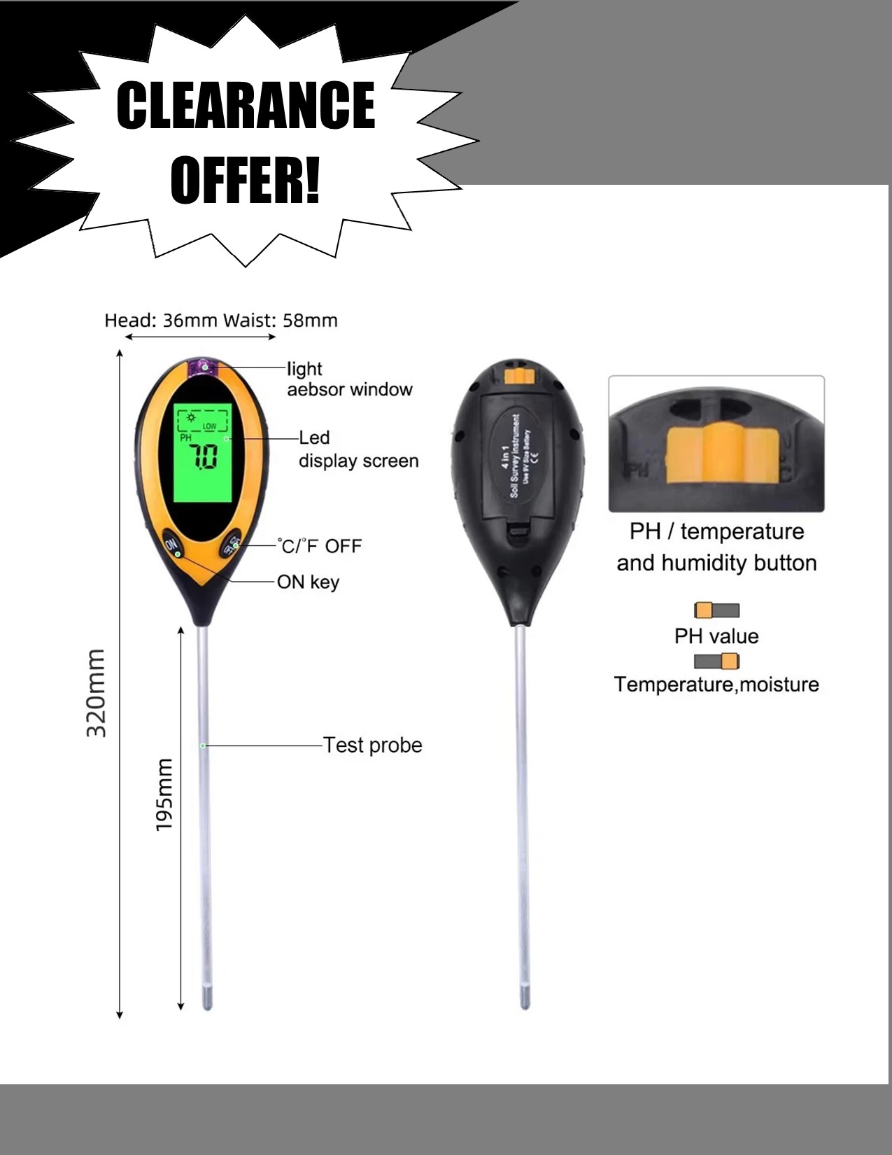 Deli Soil Tester DL33321B 4 in 1 – Soil pH, Moisture, Temperature & Sunlight Meter for Plants, Garden & Farm