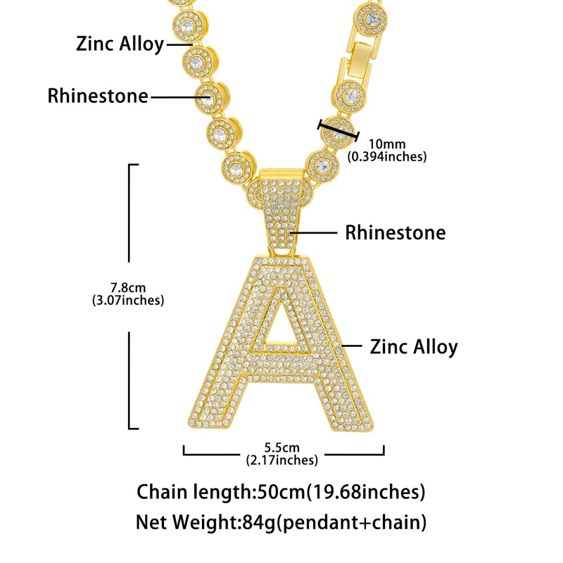 Hot Selling Fashion Hip Hop Cuban Link Chain Necklace 3D Iced Out Letter A with Candy Heart Pendant Popular African Rap Street Dance Jewelry Accessory