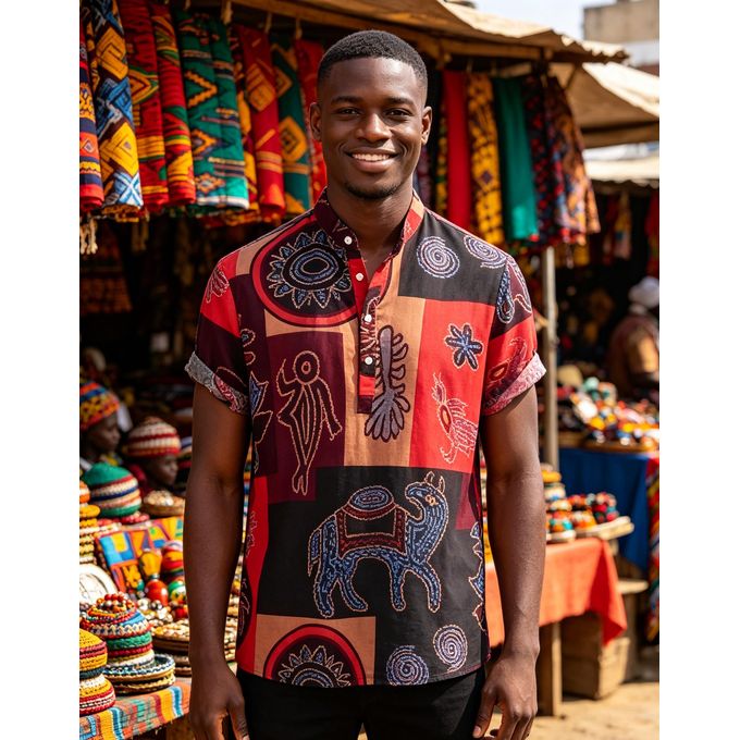 Men's African Tribal Print Henley Shirt Casual Loose Stand Collar Short Sleeve Lightweight Summer Top for Men