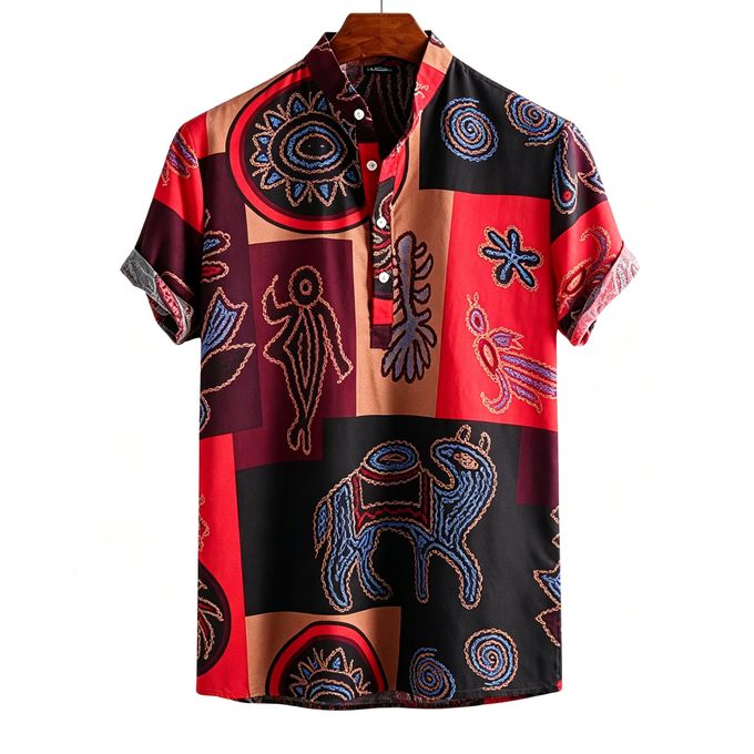 Men's African Tribal Print Henley Shirt Casual Loose Stand Collar Short Sleeve Lightweight Summer Top for Men