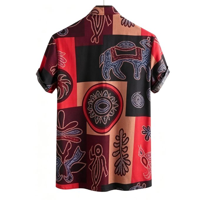 Men's African Tribal Print Henley Shirt Casual Loose Stand Collar Short Sleeve Lightweight Summer Top for Men