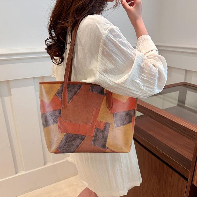 STY Ladies Large-capacity Handbag Women Geometric Color-blocked Bag PU Synthetic Leather Bag