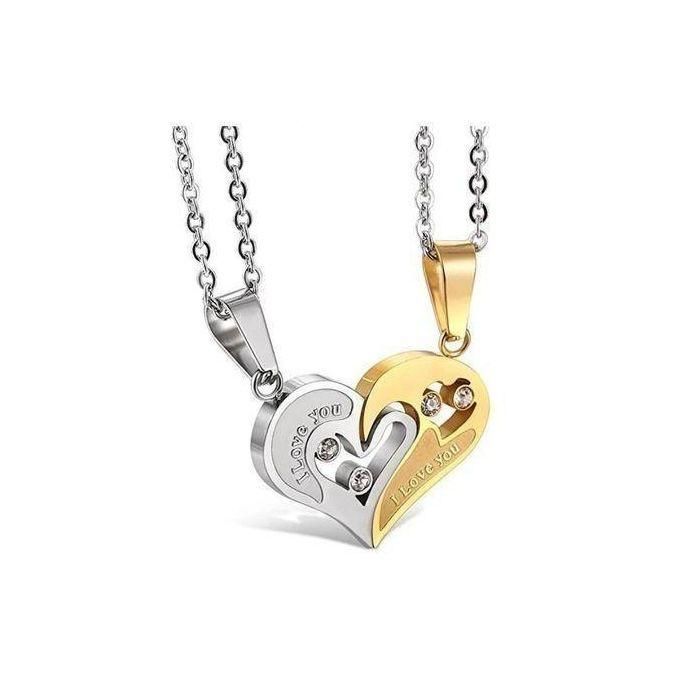 Genelec 2 In1 Couple Necklace Pendant Love Heart CZ Puzzle Matching-SZ