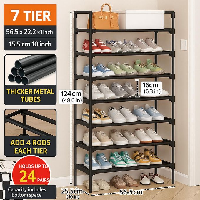 TIMBUTUS 7-Layer Steel Pipe Shoe Rack 56x25.5x125cm - Space-Saving Organiser for Home Entryway, Durable Black Metal Frame, Large Capacity Storage for Shoes, Boots, and Slippers, Easy Assembly, Sturdy