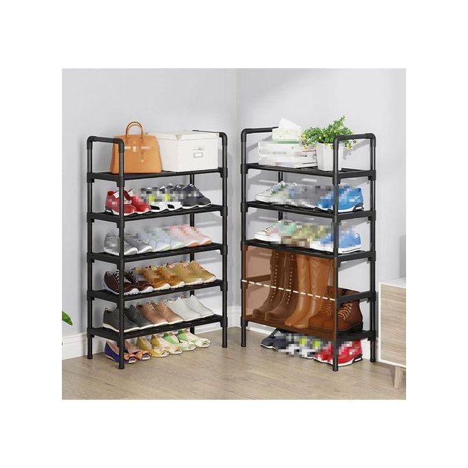 TIMBUTUS 5-Layer Steel Pipe Shoe Rack 56x25.5x90cm - Sturdy Space-Saving Shoe Organizer for Home Entryway, Hallway, Bedroom, Durable Black Metal Frame, Easy Assembly, Fits Up to 15 Pairs of Shoes