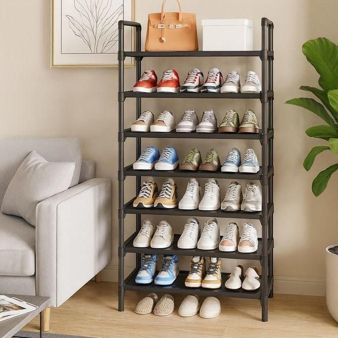 TIMBUTUS 7-Layer Steel Pipe Shoe Rack 56x25.5x125cm - Space-Saving Organiser for Home Entryway, Durable Black Metal Frame, Large Capacity Storage for Shoes, Boots, and Slippers, Easy Assembly, Sturdy