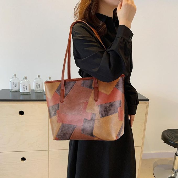 STY Ladies Large-capacity Handbag Women Geometric Color-blocked Bag PU Synthetic Leather Bag