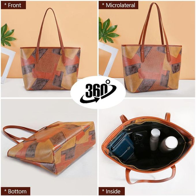 STY Ladies Large-capacity Handbag Women Geometric Color-blocked Bag PU Synthetic Leather Bag